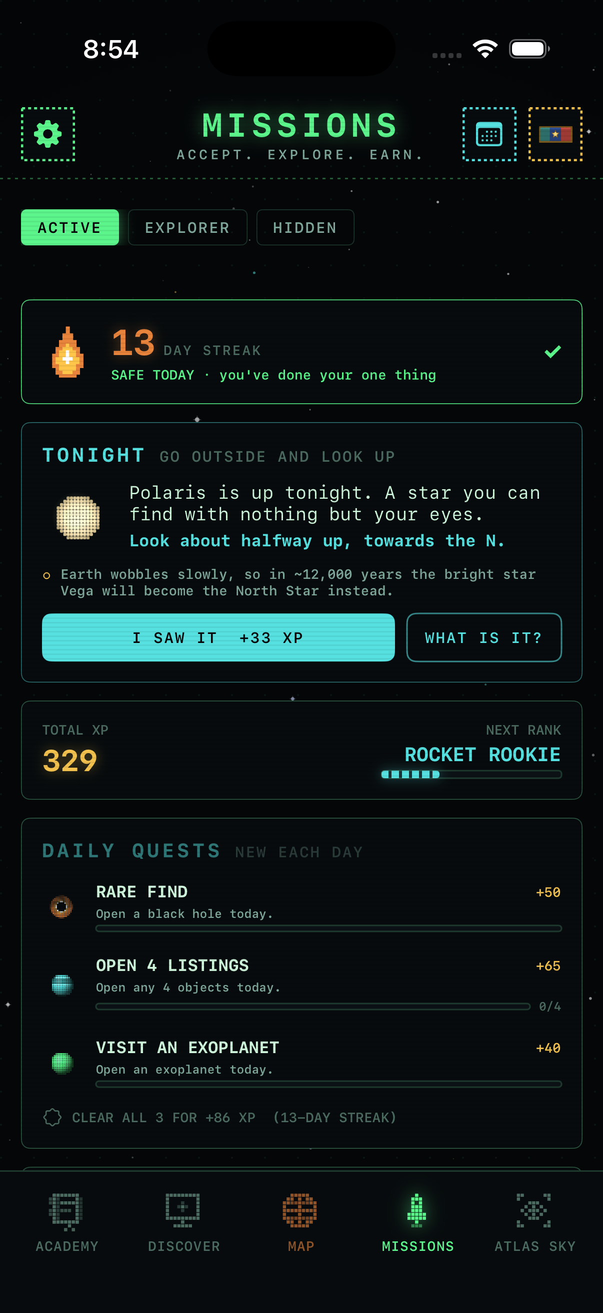RAD Space missions screen with tonight's observing target